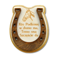 Magnes podkowa drewniana z napisem.